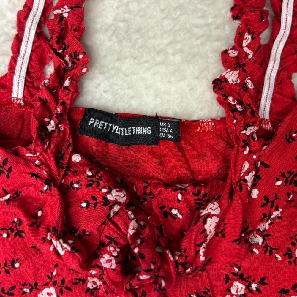 PrettyLittleThing Women Red Floral Frill Details Mini Dress - Picture 6 of 11